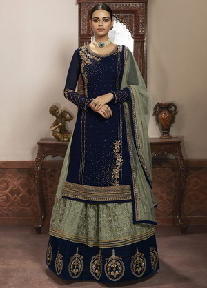 Фисташковый и тёмно-синий индийский женский свадебный костюм лехенга (ленга) чоли из фатина, украшенный вышивкой