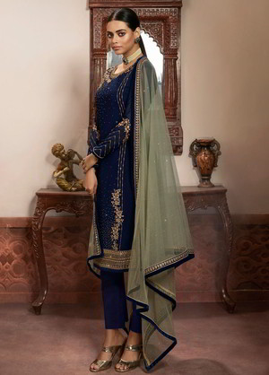 Фисташковый и тёмно-синий индийский женский свадебный костюм лехенга (ленга) чоли из фатина, украшенный вышивкой
