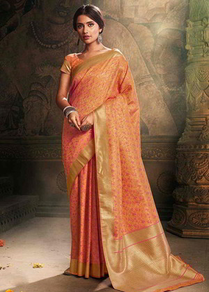 Оранжевое шёлковое индийское сари, украшенное вышивкой люрексом