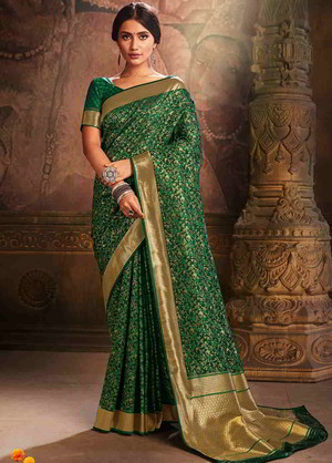 Зелёное индийское сари из шёлка, украшенное вышивкой люрексом
