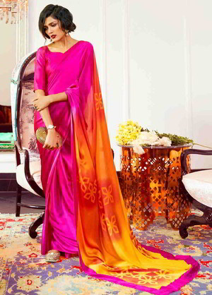 Розовое и цвета фуксии атласное индийское сари