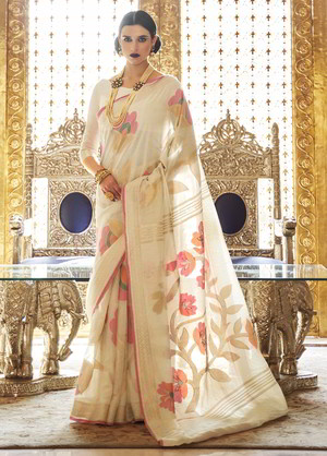 Кремовое льняное и шёлковое индийское сари, украшенное вышивкой люрексом