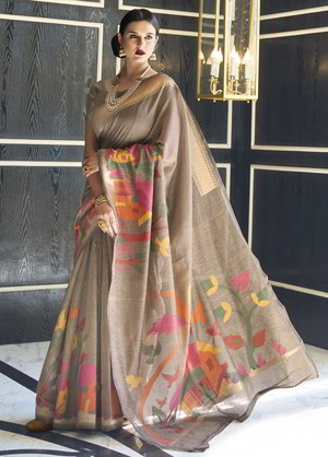 Коричневое индийское сари из льна и шёлка, украшенное вышивкой люрексом