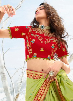 Бордовое и зелёное жаккардовое и шёлковое индийское сари, украшенное вышивкой