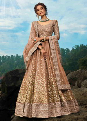 Светло-коричневый национальный индийский женский костюм лехенга (ленга) чоли, украшенный вышивкой