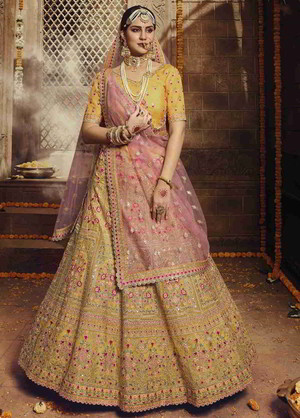 Жёлтый индийский женский свадебный костюм лехенга (ленга) чоли из креп-жоржета