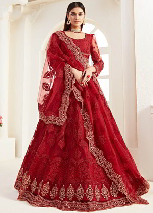 Красный индийский женский свадебный костюм лехенга (ленга) чоли из фатина, украшенный вышивкой