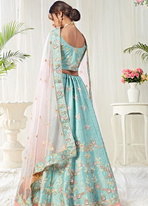 Синий шёлковый индийский женский свадебный костюм лехенга (ленга) чоли, украшенный вышивкой шёлковыми нитями