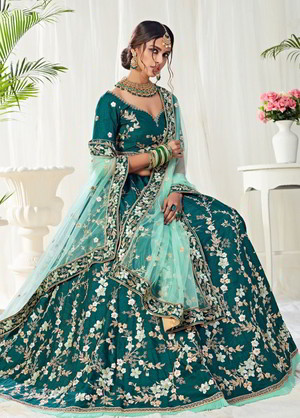 Зелёный индийский женский свадебный костюм лехенга (ленга) чоли из шёлка, украшенный вышивкой
