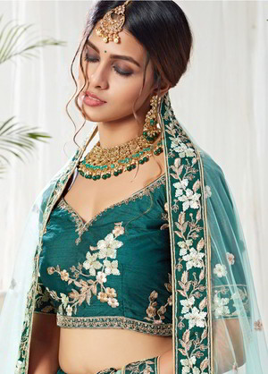 Зелёный индийский женский свадебный костюм лехенга (ленга) чоли из шёлка, украшенный вышивкой