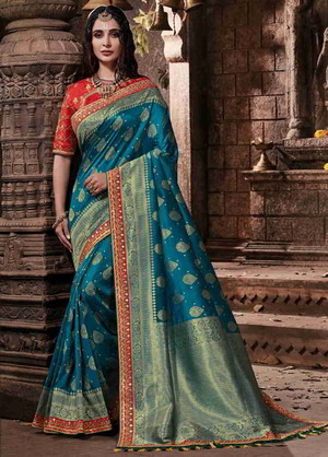 Сине-зелёное и синее индийское сари из шёлка, украшенное вышивкой люрексом