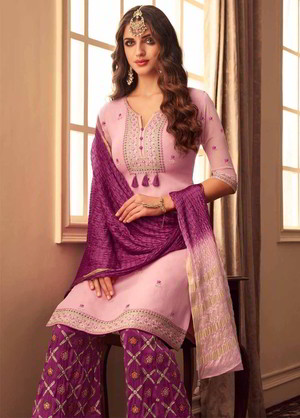 Пурпурное платье / костюм из креп-жоржета, украшенное вышивкой