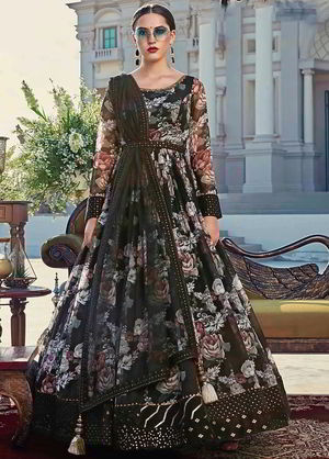 Чёрное хлопковое длинное платье / анаркали / костюм, украшенное печатным рисунком