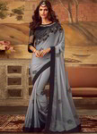 Серое с чёрным вечернее индийское сари, украшенное вышивкой
