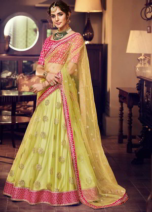Зелёный и розовый индийский женский свадебный костюм лехенга (ленга) чоли из фатина