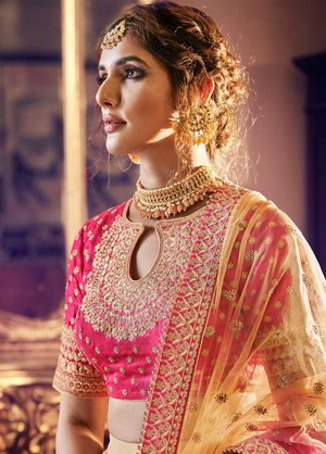 Бежевый и розовый индийский женский свадебный костюм лехенга (ленга) чоли из креп-жоржета