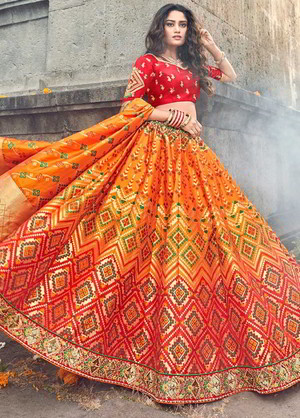 Оранжевый шёлковый индийский женский свадебный костюм лехенга (ленга) чоли
