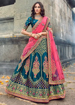 Национальный индийский женский свадебный костюм лехенга (ленга) чоли, украшенный вышивкой с люрексом