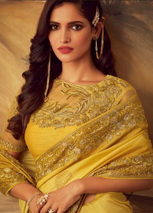 Золотистое красивое индийское сари, украшенное вышивкой
