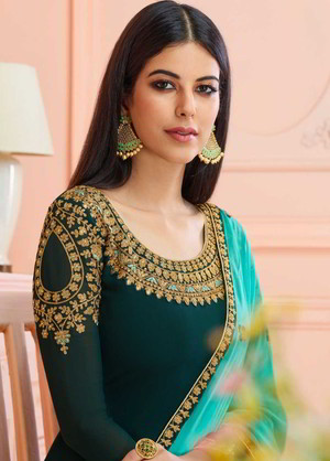 Тёмно-зелёное индийское платье / костюм из шифона, с длинными рукавами, украшенное вышивкой с люрексом