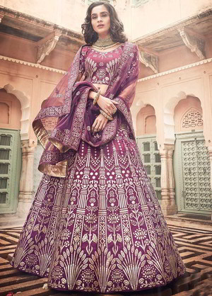 Фиолетовый национальный индийский женский свадебный костюм лехенга (ленга) чоли из дизайнерского шёлка, украшенный вышивкой