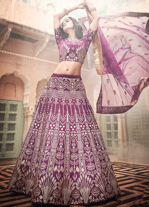 Фиолетовый национальный индийский женский свадебный костюм лехенга (ленга) чоли из дизайнерского шёлка, украшенный вышивкой