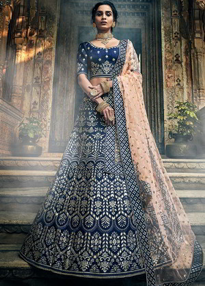 Тёмно-синий национальный индийский женский свадебный костюм лехенга (ленга) чоли из дизайнерского шёлка, украшенный вышивкой