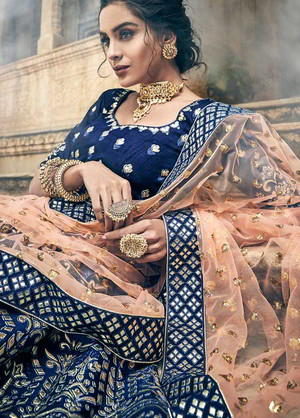 Тёмно-синий национальный индийский женский свадебный костюм лехенга (ленга) чоли из дизайнерского шёлка, украшенный вышивкой