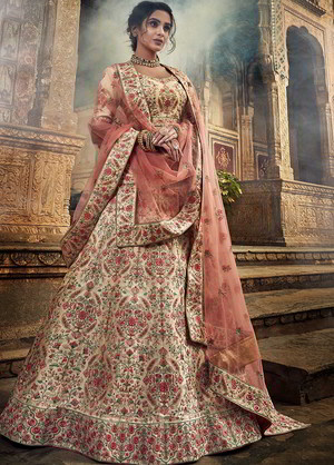 Молочный национальный индийский женский свадебный костюм лехенга (ленга) чоли из дизайнерского шёлка, украшенный вышивкой