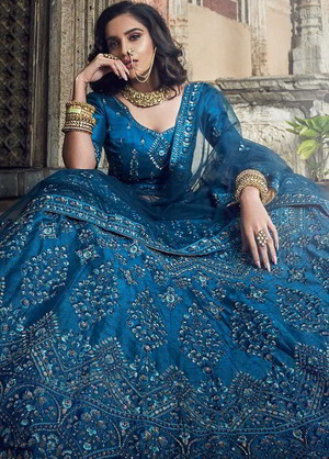 Синий национальный индийский женский свадебный костюм лехенга (ленга) чоли