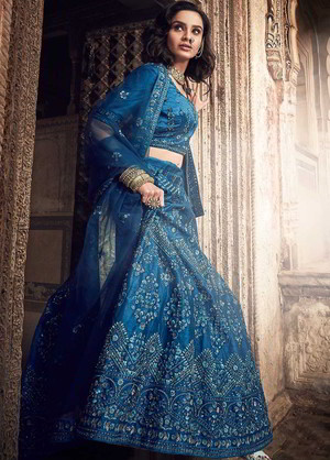 Синий национальный индийский женский свадебный костюм лехенга (ленга) чоли