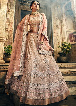 Персиковый национальный индийский женский свадебный костюм лехенга (ленга) чоли