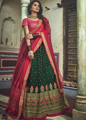 Национальный индийский женский свадебный костюм лехенга (ленга) чоли, украшенный вышивкой с люрексом, пайетками и стразами