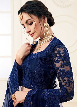 Тёмно-синий индийский женский свадебный костюм лехенга (ленга) чоли из фатина