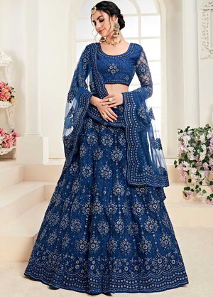 Синий индийский женский свадебный костюм лехенга (ленга) чоли из фатина