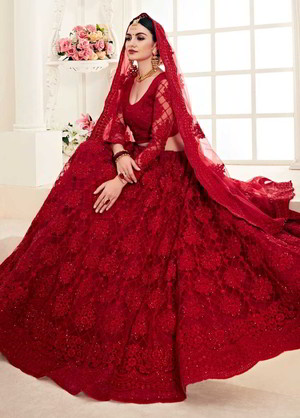 Красный индийский женский свадебный костюм лехенга (ленга) чоли из фатина
