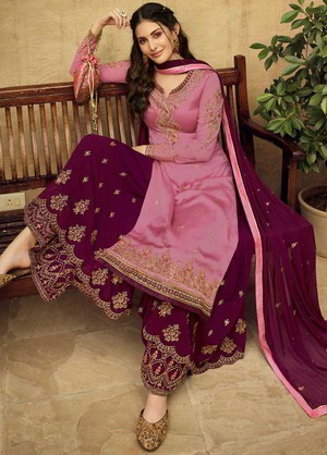 Пурпурное, фиолетовое и сиреневое платье / костюм из креп-жоржета и атласа, украшенное вышивкой