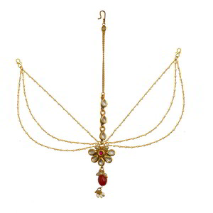 Бордовое, цвета меди и золотое медное индийское украшение на голову (манг-тика) с искусственными камнями, перламутровыми бусинками