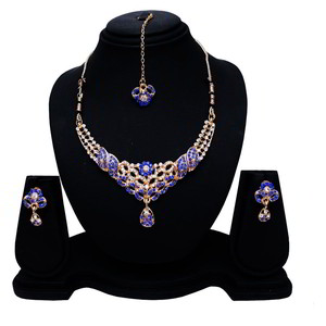 Золотое и синее индийское украшение на шею со стразами