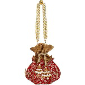 Бордовая и красная сумочка-мешочек из шёлка, украшенная вышивкой