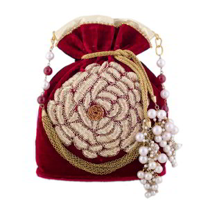 Бордовая и красная бархатная сумочка-мешочек, украшенная вышивкой с бусинками