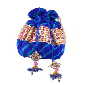 Синяя шёлковая сумочка-мешочек, украшенная вышивкой с аппликацией