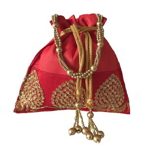 Бордовая и красная хлопко-шёлковая сумочка-мешочек, украшенная вышивкой с пайетками