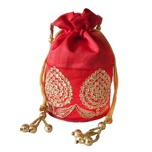 Бордовая и красная сумочка-мешочек из хлопка с шёлком, украшенная вышивкой с пайетками