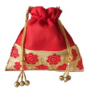 Бордовая и красная шёлковая сумочка-мешочек, украшенная вышивкой