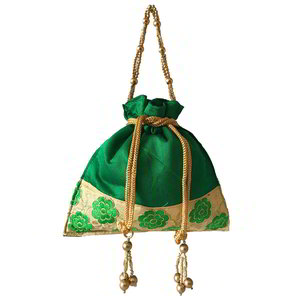 Зелёная сумочка-мешочек из дизайнерского шёлка, украшенная вышивкой со стразами