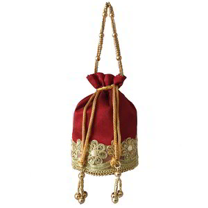 Бордовая и красная шёлковая сумочка-мешочек, украшенная вышивкой со стразами