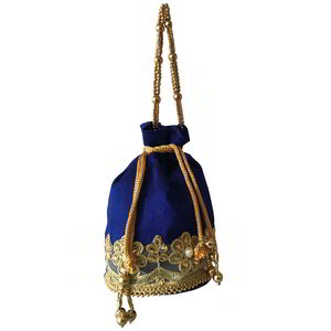 Синяя шёлковая сумочка-мешочек, украшенная вышивкой со стразами