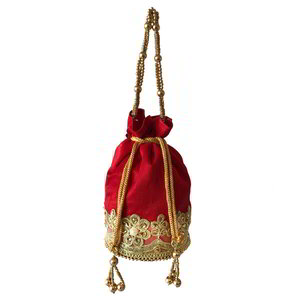 Бордовая и красная сумочка-мешочек из дизайнерского шёлка, украшенная вышивкой со стразами, бисером