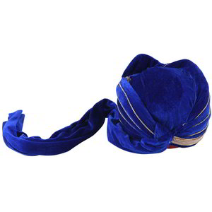 Синий бархатный индийский тюрбан (чалма) со стразами, бусинками, кружевами